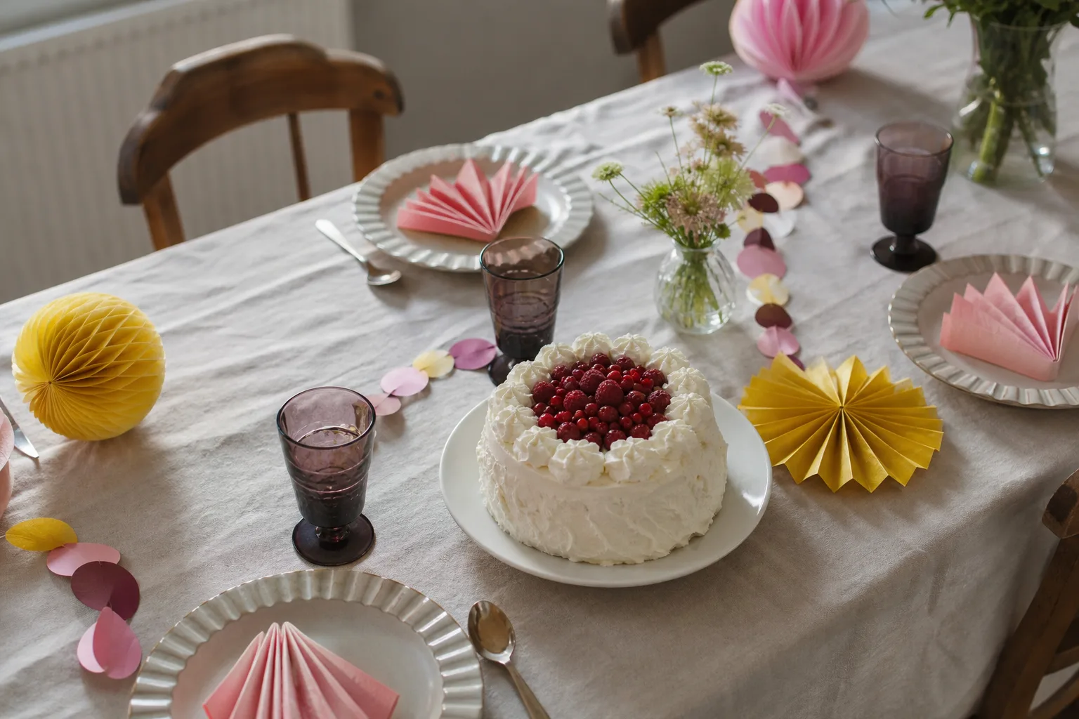 Festbord med rosa servetter, gula pappersdekorationer och en tårta.