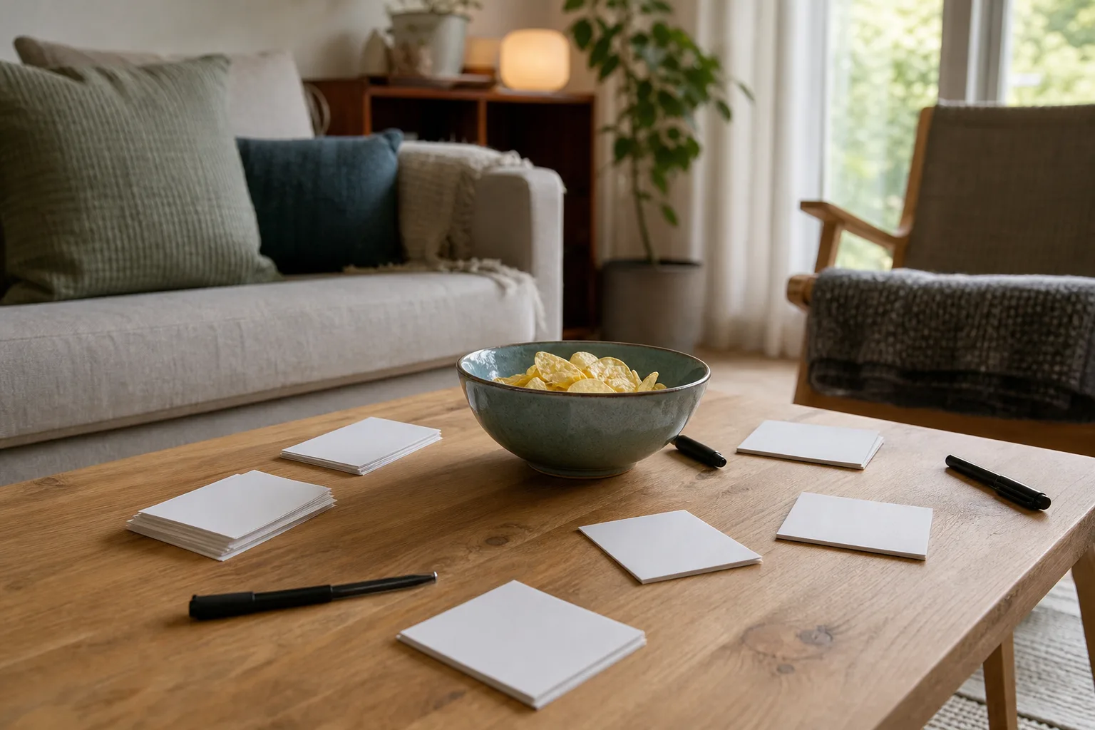 Papper och pennor inför en spelkväll.