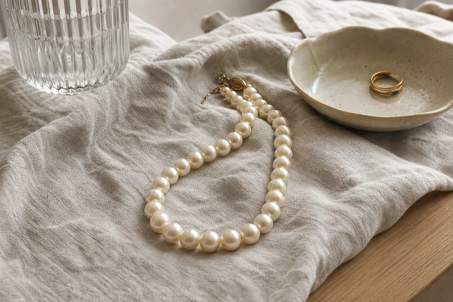 Halsband med stora pärlor på tyg.