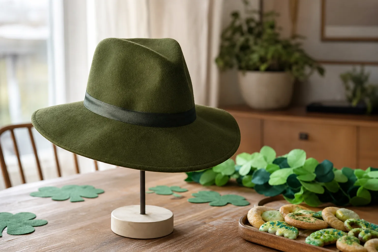 En grön hatt inför en temafest.