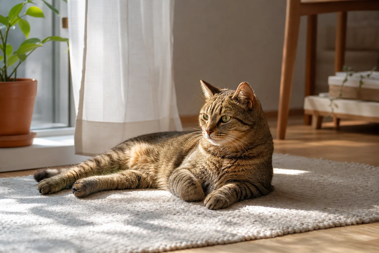 En katt i ljuset från ett fönster.