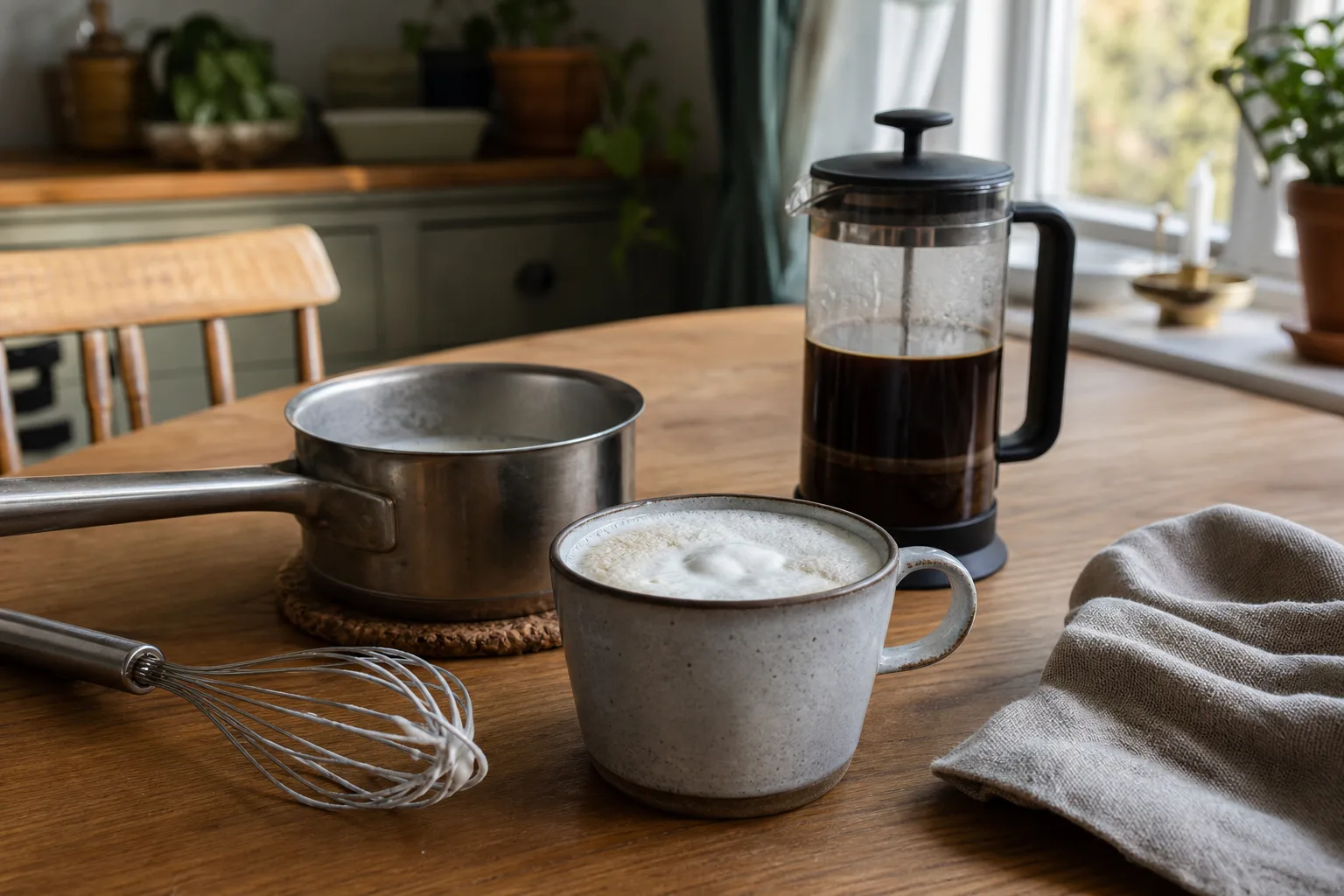 Kaffe med mjölkskum och enkla köksredskap.