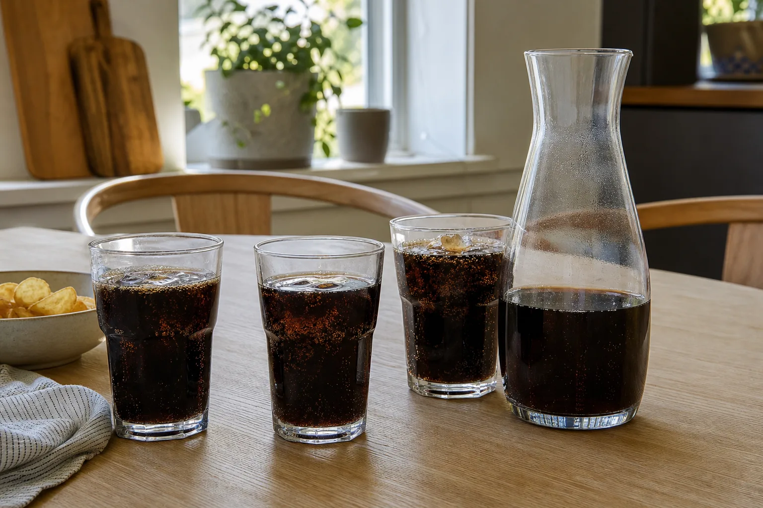 Cola i glas på ett köksbord.