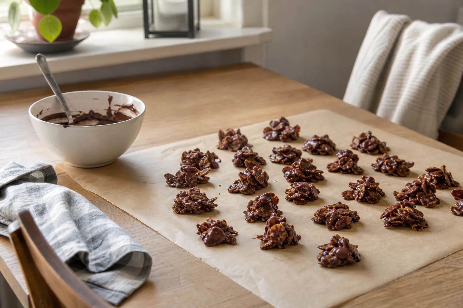 Chokladklickar med cornflakes på bakplåtspapper.