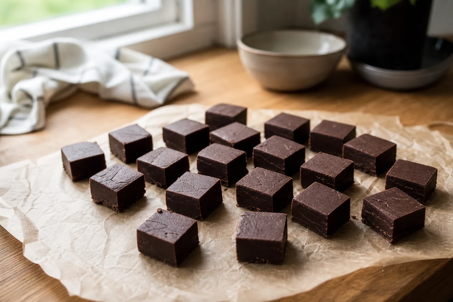 Fudgekuber på bakplåtspapper.