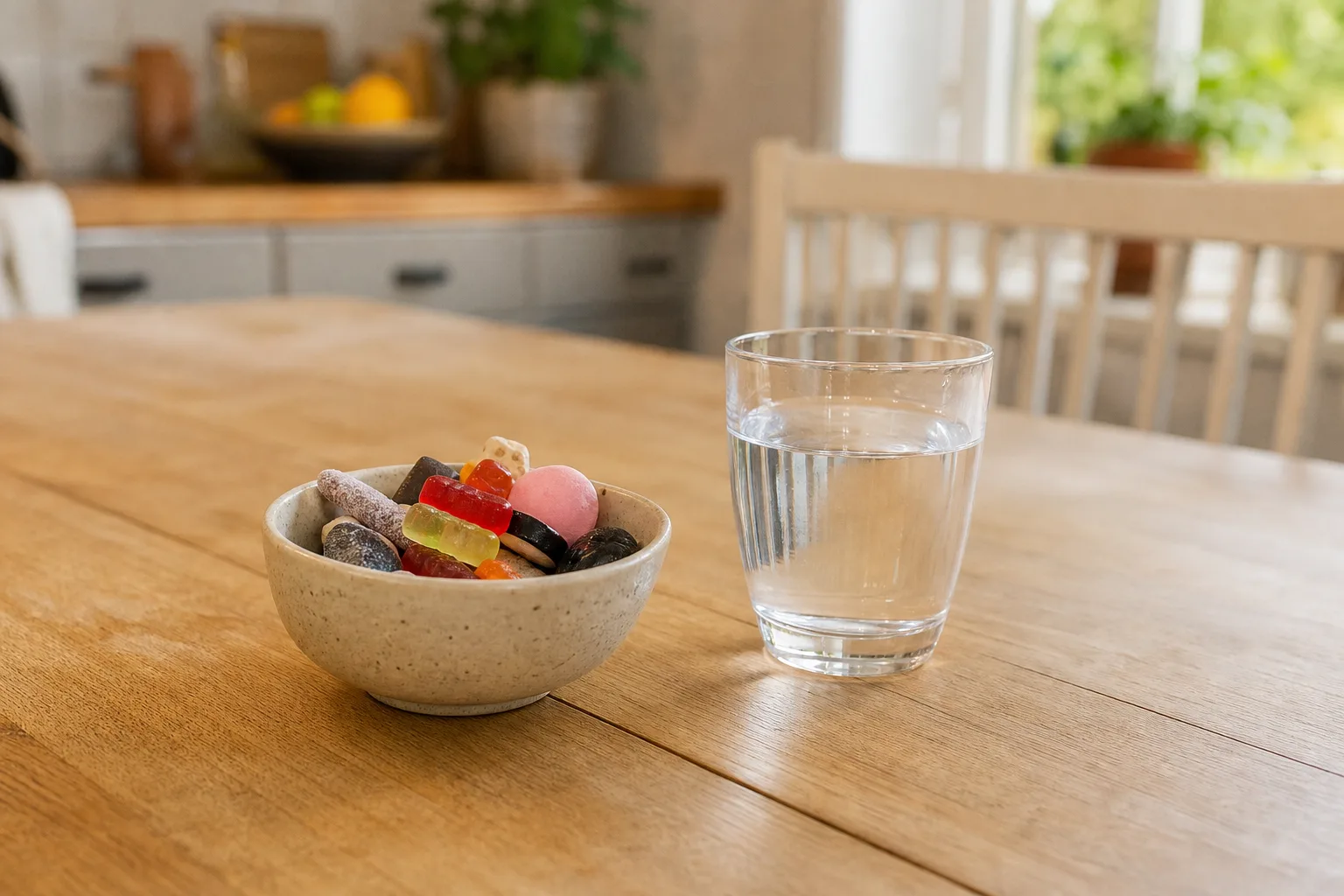 Godis och ett glas vatten.