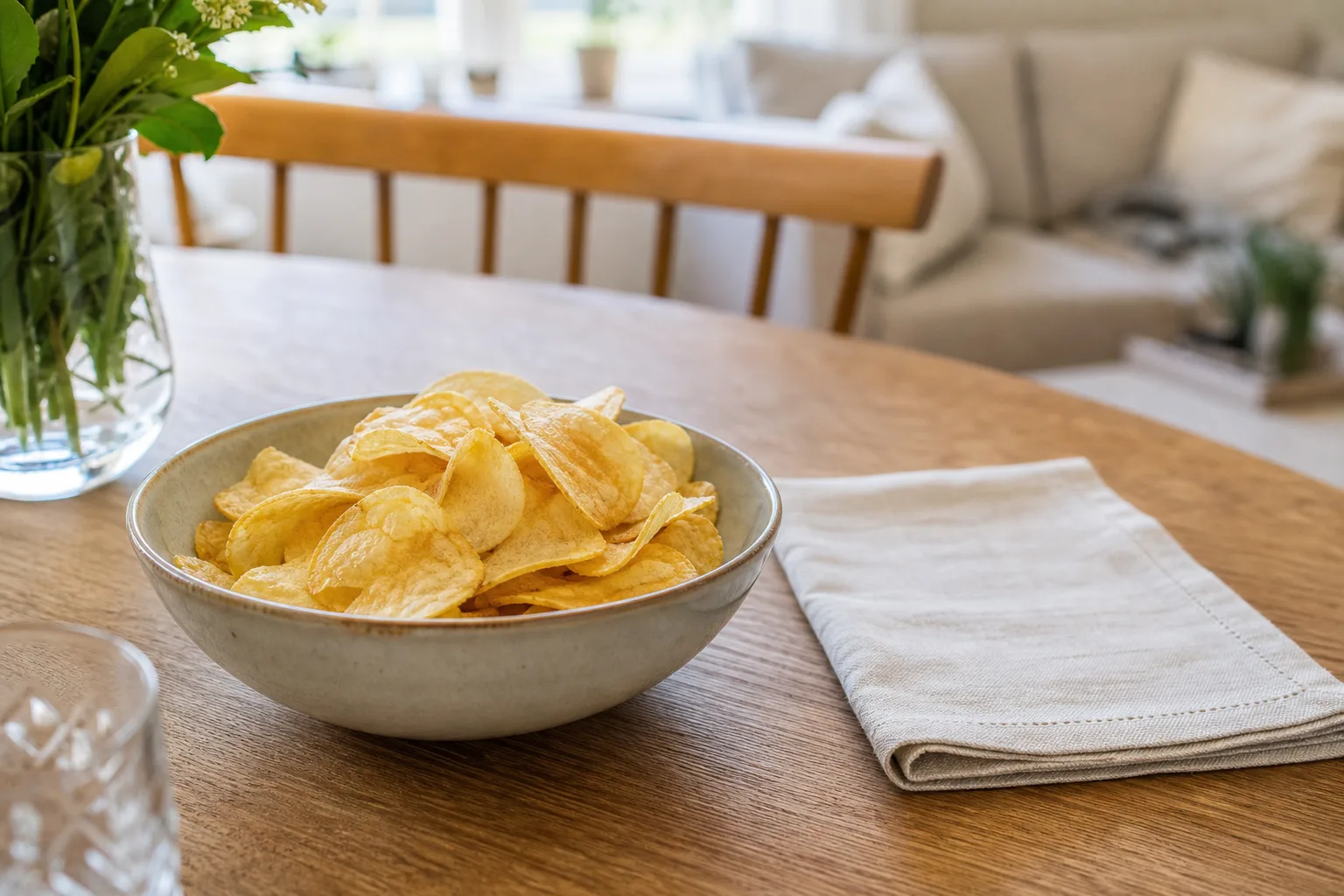 Chips på ett dukat bord.