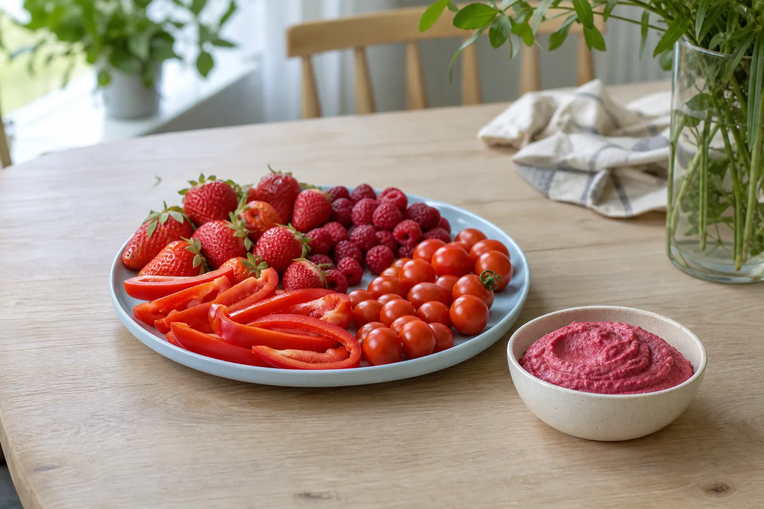 Röda snacks och en skål rödbetshummus.