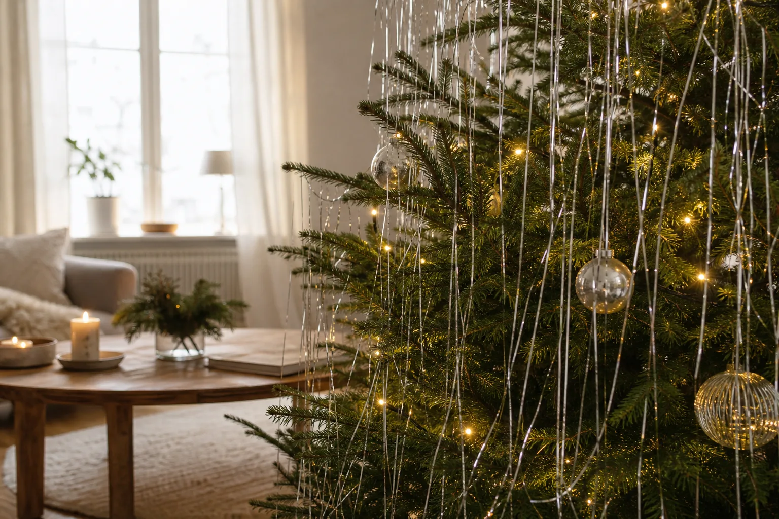 Lametta i en julgran.