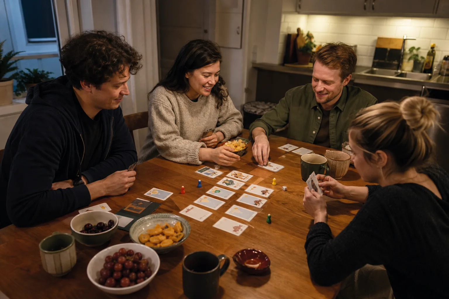 Spelkväll med vänner kring ett bord.