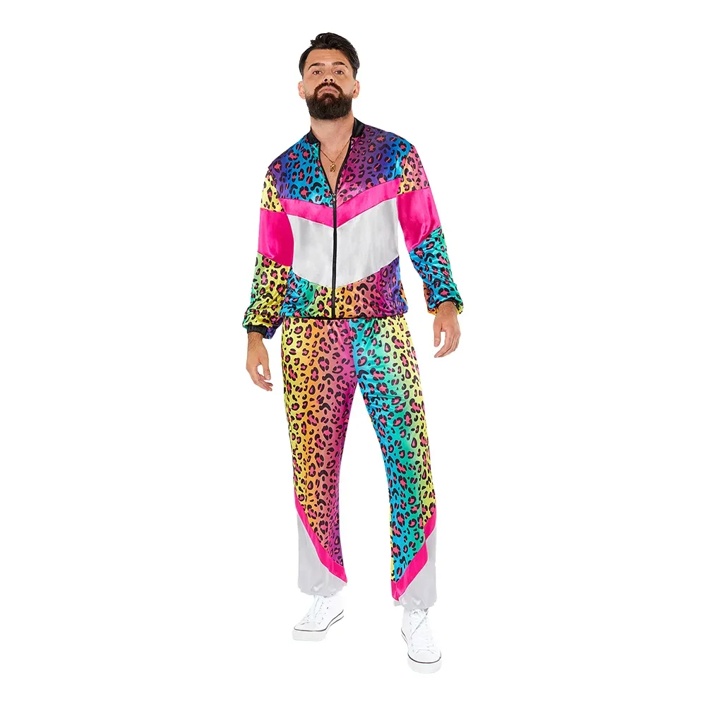 Neonrosa leopardmönstrad 80-talsjacka och träningsbyxor.