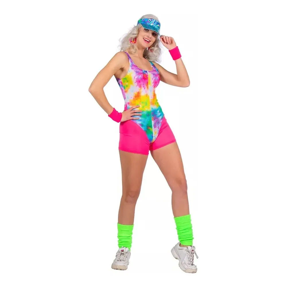 80-tals Aerobics Body Maskeraddräkt, neonrosa med tie-dye-mönster.