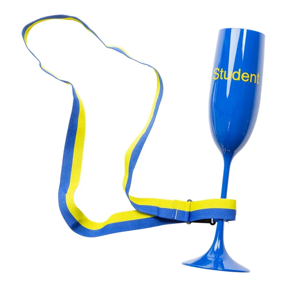 Champagneglas till studenten med blågult band