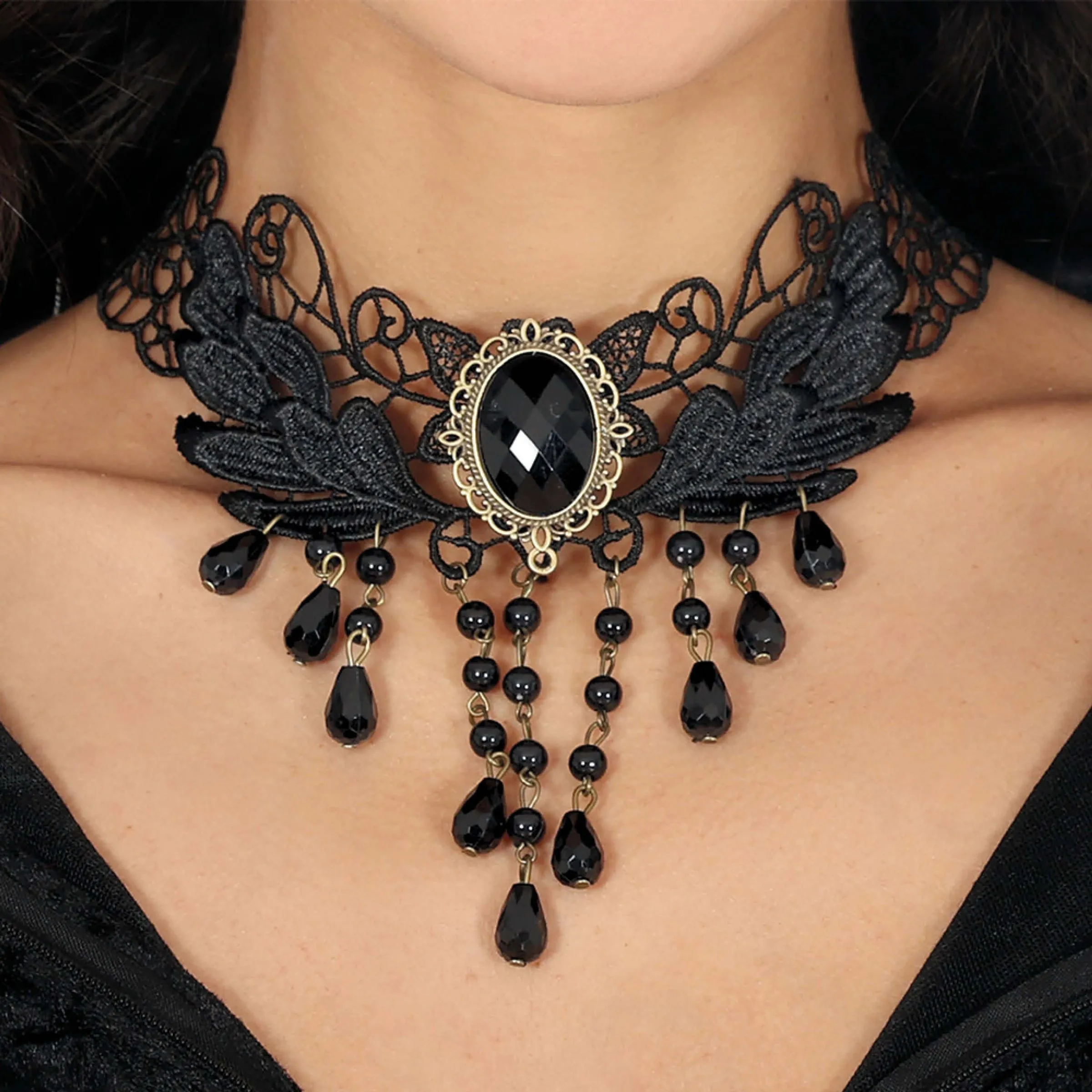 Halsband Choker Svart med Pärlor