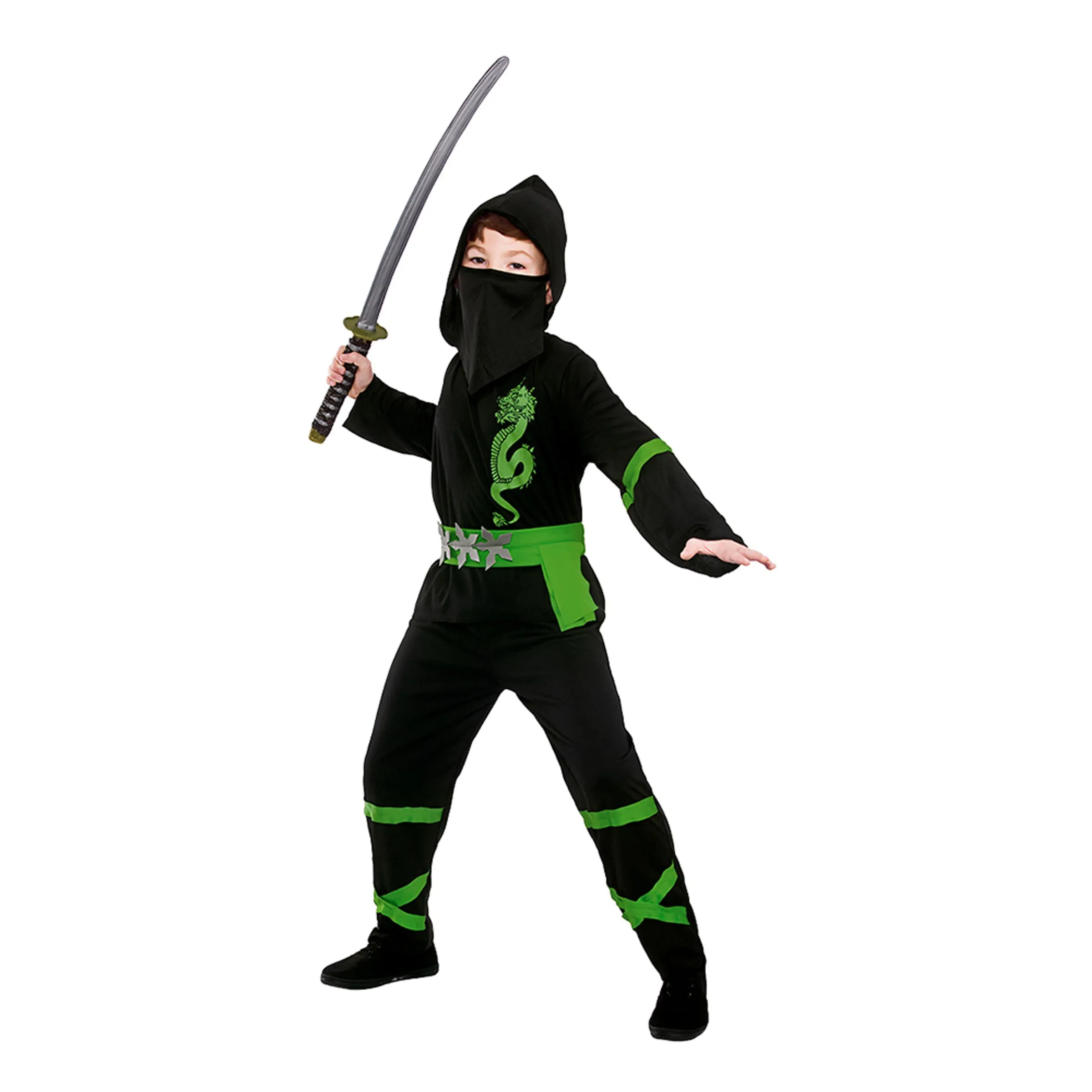 Svart/Grön Power Ninja Barn Maskeraddräkt