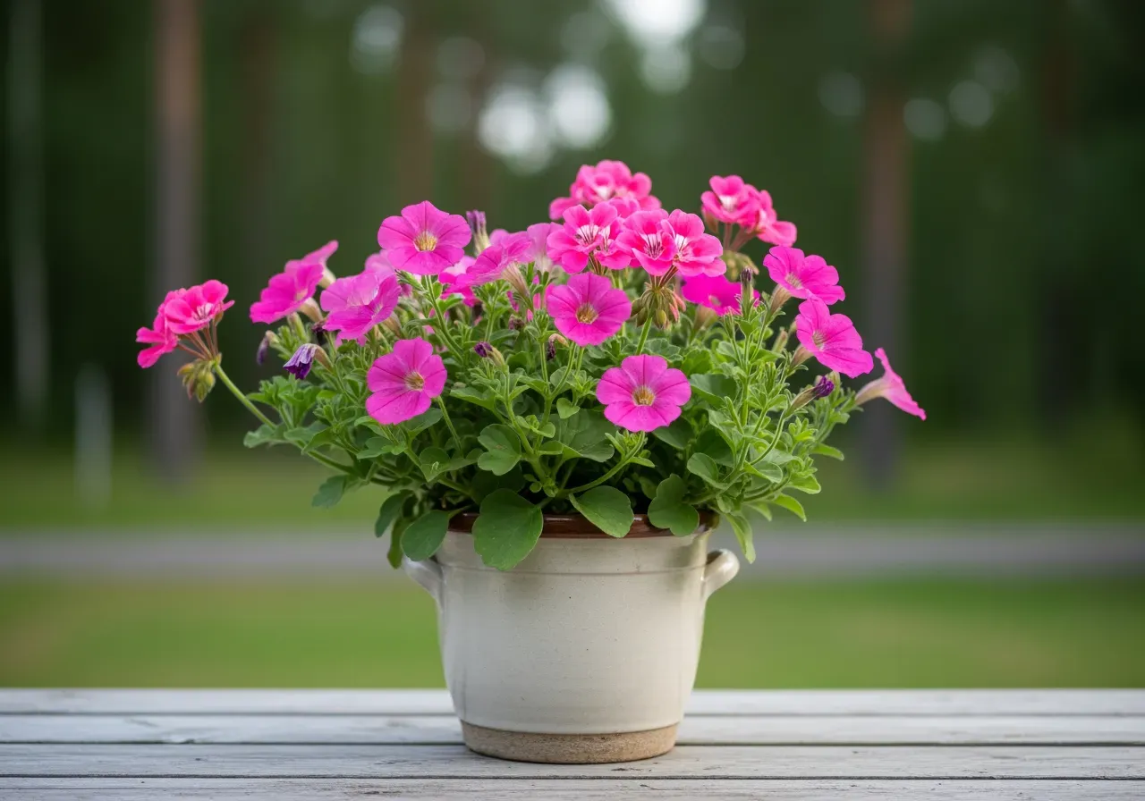 Rosa sommarblommor i kruka utomhus